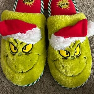 Grinch Fuzzy Slippers with Santa Hat